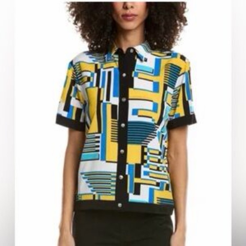 Karl Lagerfeld Women's Abstract-Print Button-Down Short-Sleeve Top - Picture 2 of 9